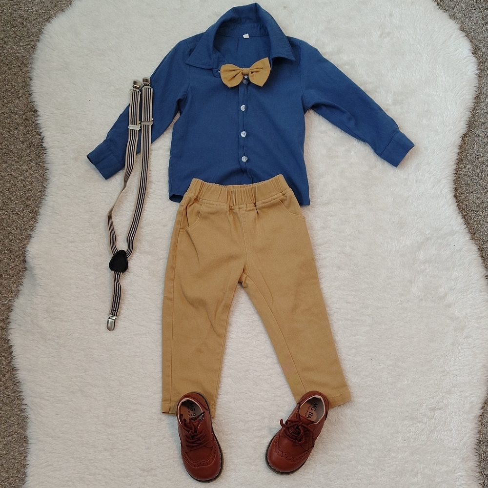 Blue Shirt and Tan Pants Dress Outfit with Bow Tie, Suspenders and Shoes